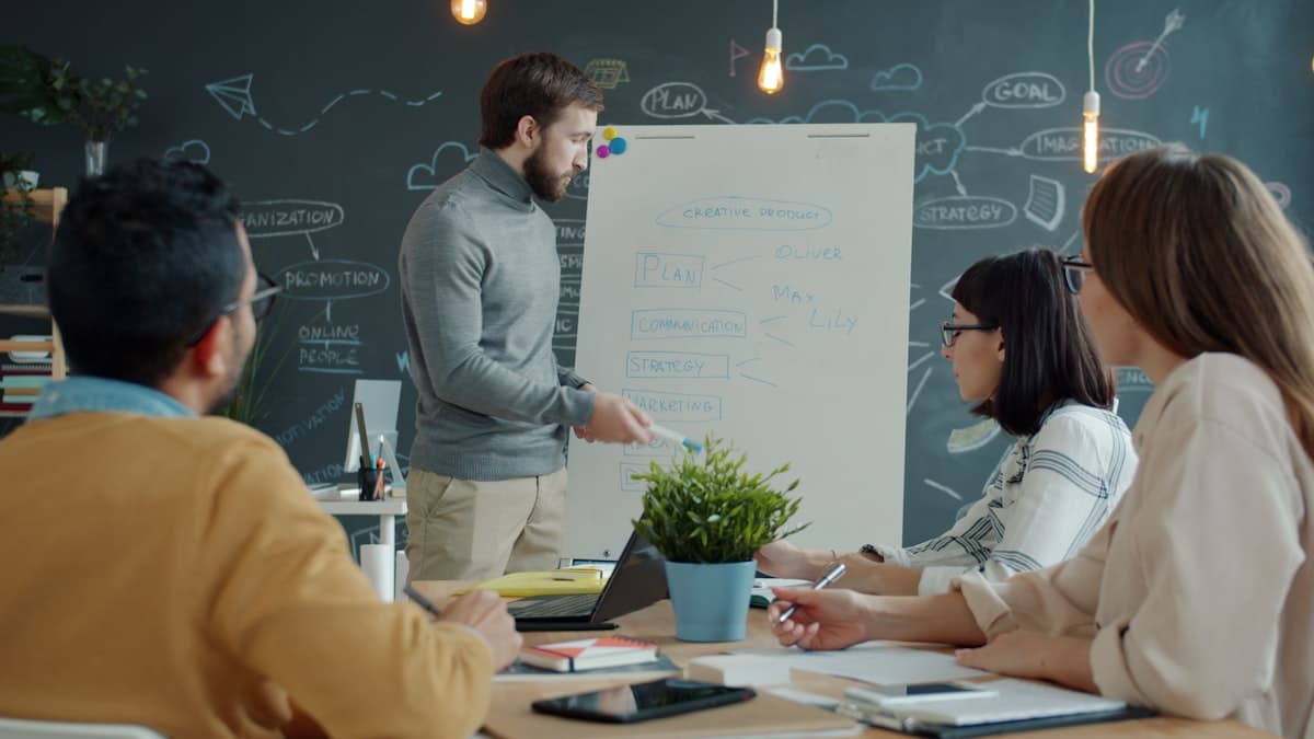 Team reviewing a weekly AI tools check-in together at a whiteboard