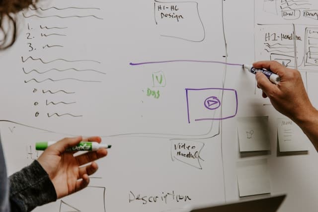 Two team members collaborating at a whiteboard, drawing and mapping out information together